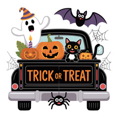 Halloween truck carrying pumpkins ghost cat and bat with trick or treat sign on the tailgate design on transparent background
