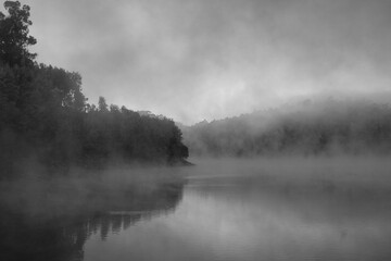 Foggy black and white lake in Portugal with curved forested shoreline extending into frame, distant...