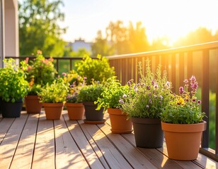 黄金色の夕暮れに包まれたベランダのグリーン