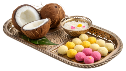 Indian offering tray with coconut and sweets, perfect for religious rituals, Hindu festivals, digital design, branding, wallpapers, posters, and print materials
