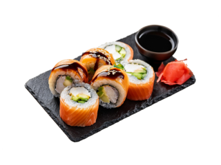 A plate of sushi rolls with a small dish of soy sauce and pickled ginger. The sushi rolls appear to be a variety of types with different toppings.