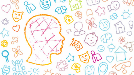 Colorful crayon style drawing featuring a head profile surrounded by various doodles and abstract shapes