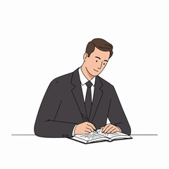 Diligent Professional Man in Suit Writing Notes in Planner or Journal, Focused on Work or Planning Tasks, Productivity Concept Illustration