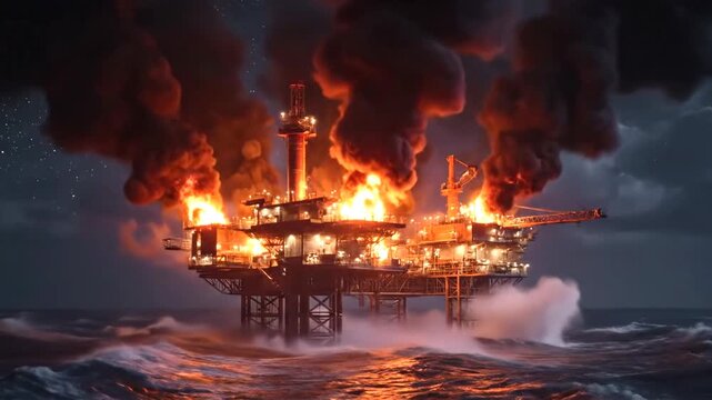 Wide shot of a massive offshore oil rig engulfed in flames amidst a stormy sea at night