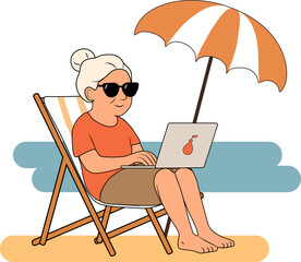Vector illustration of an elderly woman working on a laptop while sitting on a deck chair under a beach umbrella by the sea.