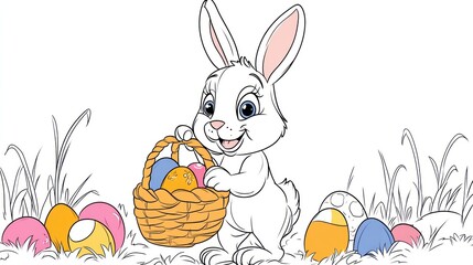 Adorable bunny holding Easter eggs basket in grass