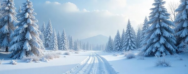Obraz premium Frozen winter landscape, snow covered trees and ground, serene atmosphere, beautiful winter scenery, perfect for winter themed projects , tranquil, landscape
