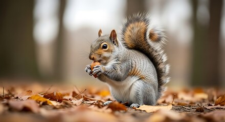 Fototapeta premium Gray Squirrel Eating Acorn in Autumn Leaves