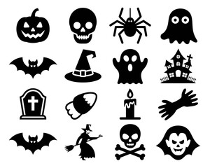 Collection of halloween icons featuring spooky silhouettes isolated on white background