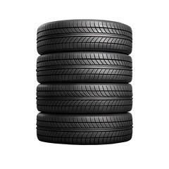 Stack of four black car tires isolated on transparent background