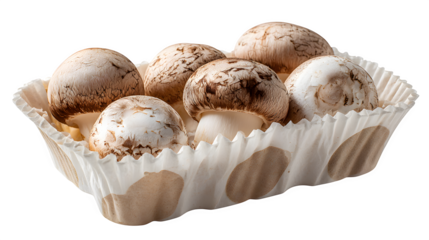 Champignon mushrooms in paper tray isolated on white