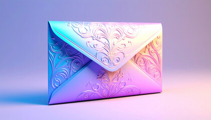 Elegant pastel envelope with ornate embossed floral patterns, blending blue, pink, and purple tones, ideal for luxury invitations, wedding stationery, and romantic design themes.