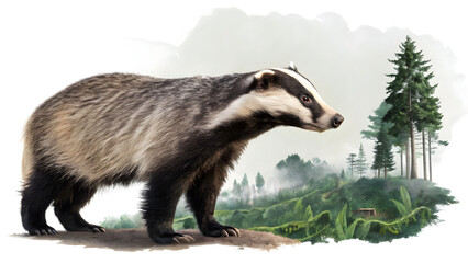 Fototapeta premium Portrait of a badger standing, isolated, showcasing wildlife and natural habitat, perfect for environmental, conservation, digital design, branding, wallpapers, posters, and print materials 