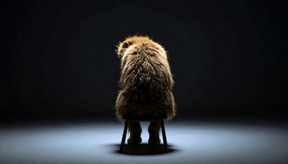 ear view of a furry creature seated on a stool in dramatic low light, creating a mysterious and moody conceptual portrait.