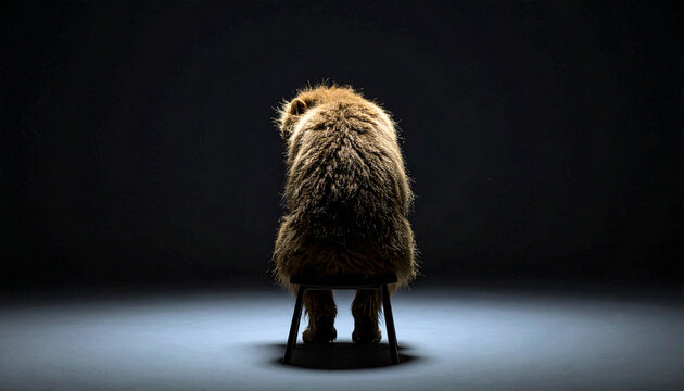 ear view of a furry creature seated on a stool in dramatic low light, creating a mysterious and moody conceptual portrait.