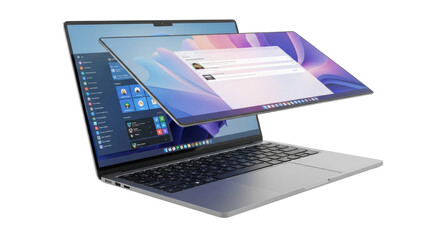 An open laptop computer displays a graphical interface with an angled window floating above the main screen, isolated on a white background.