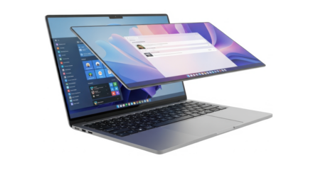 An open laptop computer displays a graphical interface with an angled window floating above the main screen, isolated on a white background.