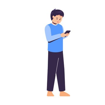 A man with a phone walking against a white background. netizens chatting concept