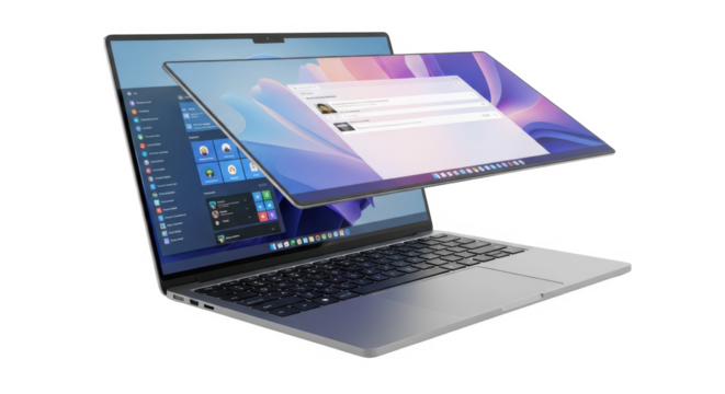 An open laptop computer displays a graphical interface with an angled window floating above the main screen, isolated on a white background.