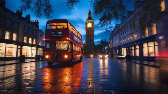 Iconic red double decker bus driving through wet London street at dusk with illuminated Big Ben and city lights in the background