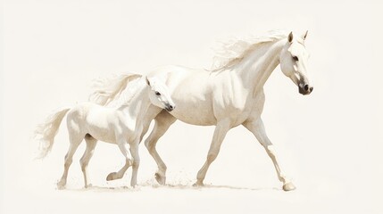 A white mare and her foal gracefully run across a sandy expanse against a bright, white background
