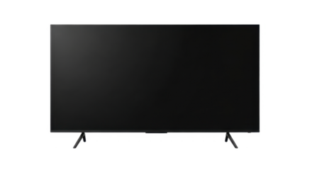 A modern black flat-screen television with a blank screen, standing on its feet and isolated against a plain white background.