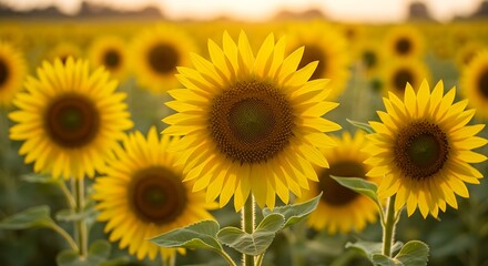 Obraz premium Radiant Sunflower in Sharp Focus Amid a Golden Field at Sunset