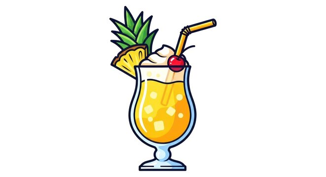 Bold Cartoon Pi?a Colada Cocktail with Pineapple and Cherry Garnish