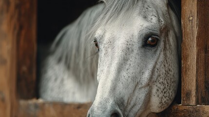 Close-up view of a grey horse looking out from a stable in a rustic setting during the afternoon light