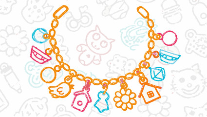 Illustration of a charm bracelet with various colorful charms hanging from a gold chain on white background silhouette