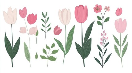 Pink tulips and flowers graphic design elements