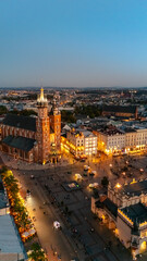 Obraz premium aerial view over central square of krakow in evening at sunset in poland