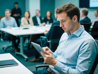 Focused young businessman using a tablet during a meeting in a modern conference room, with colleagues discussing in the background. Suitable for concepts related to business strategy, technology