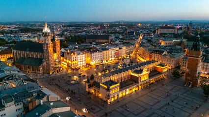 aerial view over central square of krakow in evening at sunset in poland