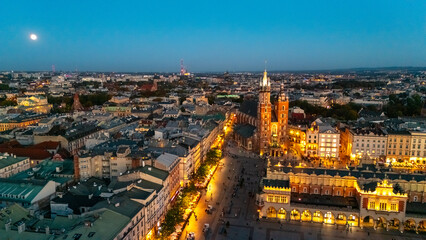 aerial view over central square of krakow in evening at sunset in poland