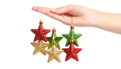 hand displaying colorful star-shaped Christmas toys on fingers isolated against a transparent background emphasizing holiday decorative themes isolated on transpaent background