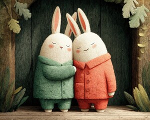  adorable animal pairs sleeping together in cozy pajamas illustration adorable animal pairs sleeping together in cozy pajamas illustration Two cute bunnies embrace in a cozy setting.