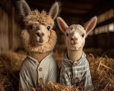 adorable animal pairs sleeping together in cozy pajamas illustration adorable animal pairs sleeping together in cozy pajamas illustration Two adorable llamas in cozy outfits.