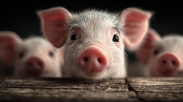 Curious piglets exploring a rustic wooden surface in a cozy barn setting during the early morning hours