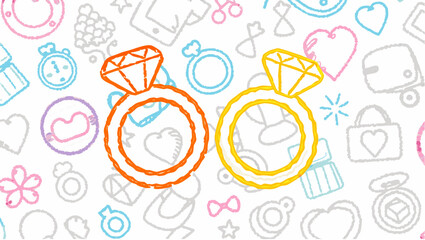 Two engagement rings orange and yellow on a white background with various doodle style icons around it silhouette