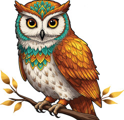 Colorful ornate owl illustration perched on branch, fantasy bird artwork with vibrant feathers, decorative animal vector, magical forest design