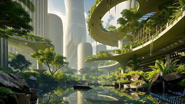 Futuristic city park featuring lush greenery, curved modern architecture, floating walkways, and reflective water under sunlight