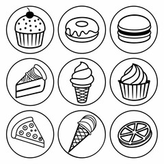 Black and white outline icons of various desserts and food items cupcake cherry
