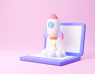 3D rocket launching from laptop, symbolizing startup growth for young entrepreneurs. Generated image