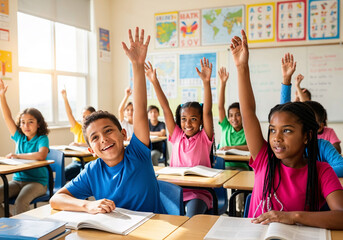 Engaged Students Raising Hands in Classroom, Learning Environment, Education Concept