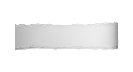 A horizontal strip of blank white paper with torn, ragged edges, slightly curled on the right side, isolated on a white background.