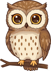 Cute cartoon brown owl illustration on branch, big eyes owl character, vector animal design, children’s art, adorable woodland bird