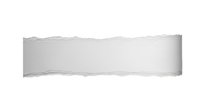 A horizontal strip of blank white paper with torn, ragged edges, slightly curled on the right side, isolated on a white background.