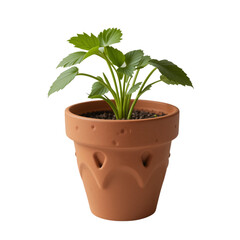 Young Strawberry Plant in Terracotta Pot Lush Green Foliage Brown Pot Isolated on Black
