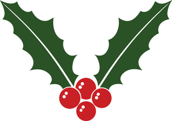 A sprig of Christmas holly with red berries. A simple flat design vector icon of a festive plant. A traditional winter decoration symbol for a holiday design, isolated 